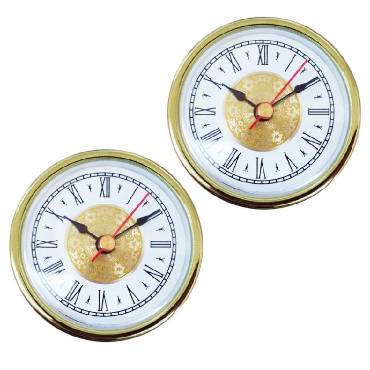 2Pcs Stylish 65MM Round Small Quartzs Clock Insert with Roman/Arabic Number and Gold Silver Trim for Home Decoration