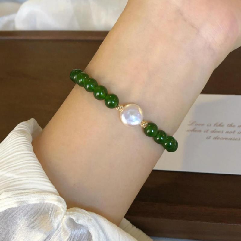 Natural Freshwater Freshwater Pearls & Green Agate Chalcedony Bracelet - Round Button Beads Chinese-Inspired Jewelry Gift
