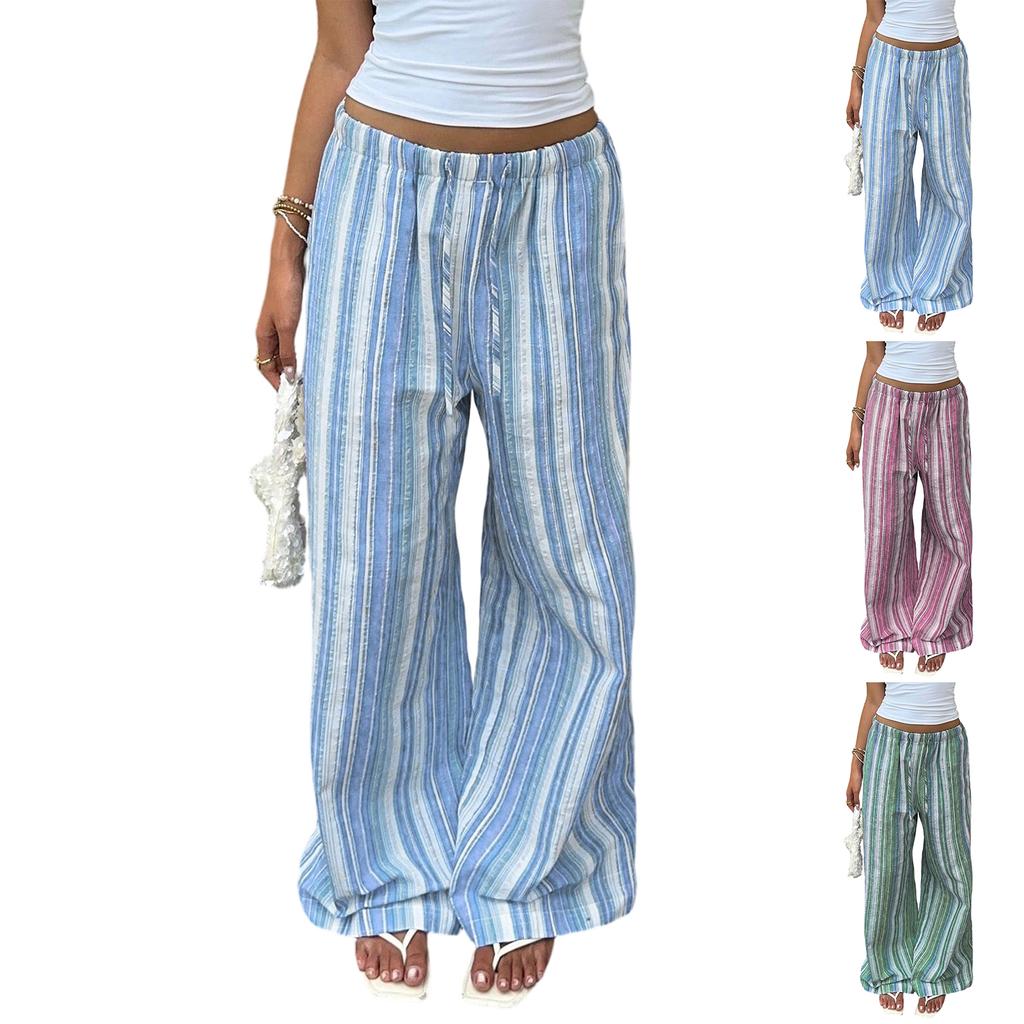 Women's Casual Drawstring Waist Pants Lightweight Loose Fit Wide Leg Striped Lounge Trousers Comfortable Everyday Wear