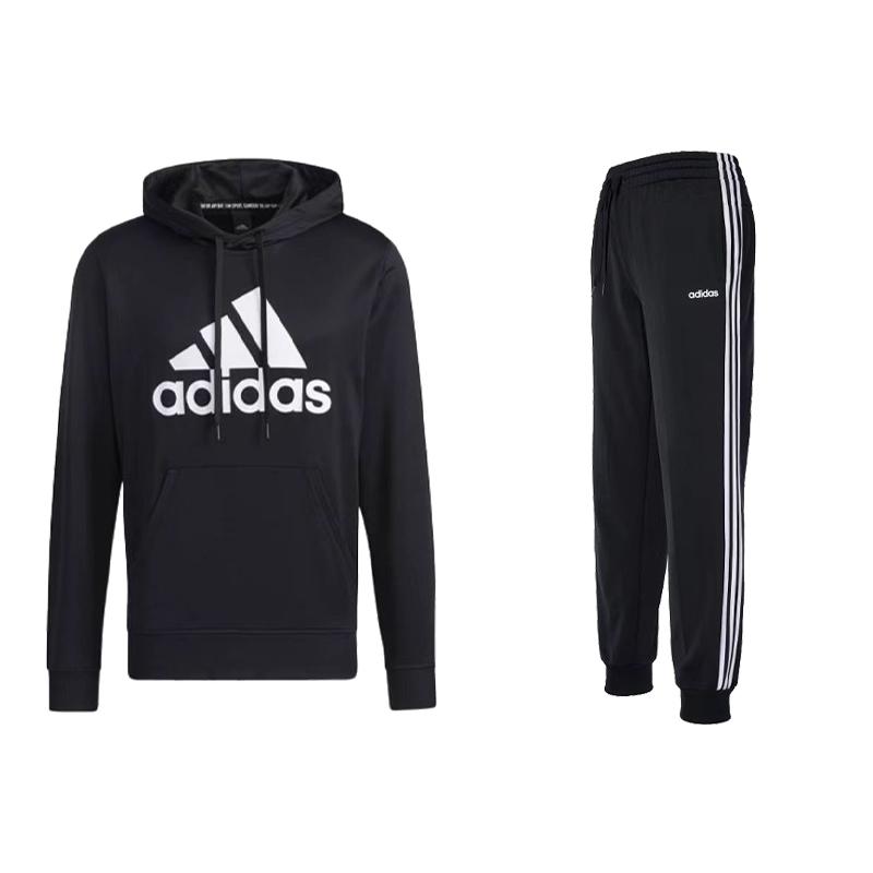 

Adidas Hooded Pullover Long Sleeve Sweatshirt And Drawstring Solid Color Cuffed Pants Set Unisex Sweatshirt Set Black GN0827+DP2382 S