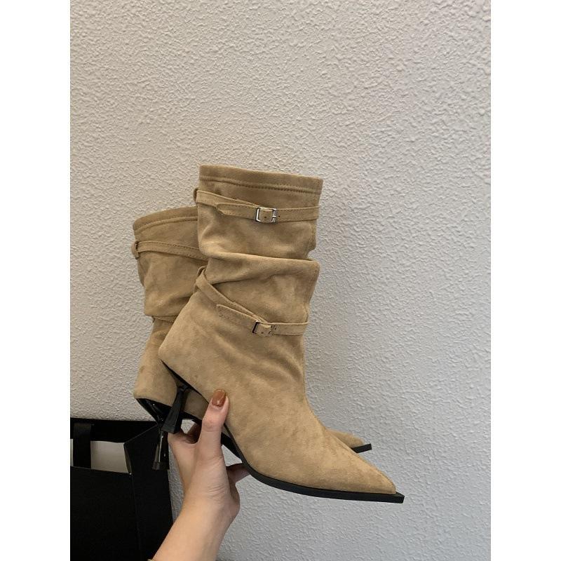 2025 autumn and winter new French retro pointed-toed stiletto short boots women's suede pleated piled boots high-heeled western boots