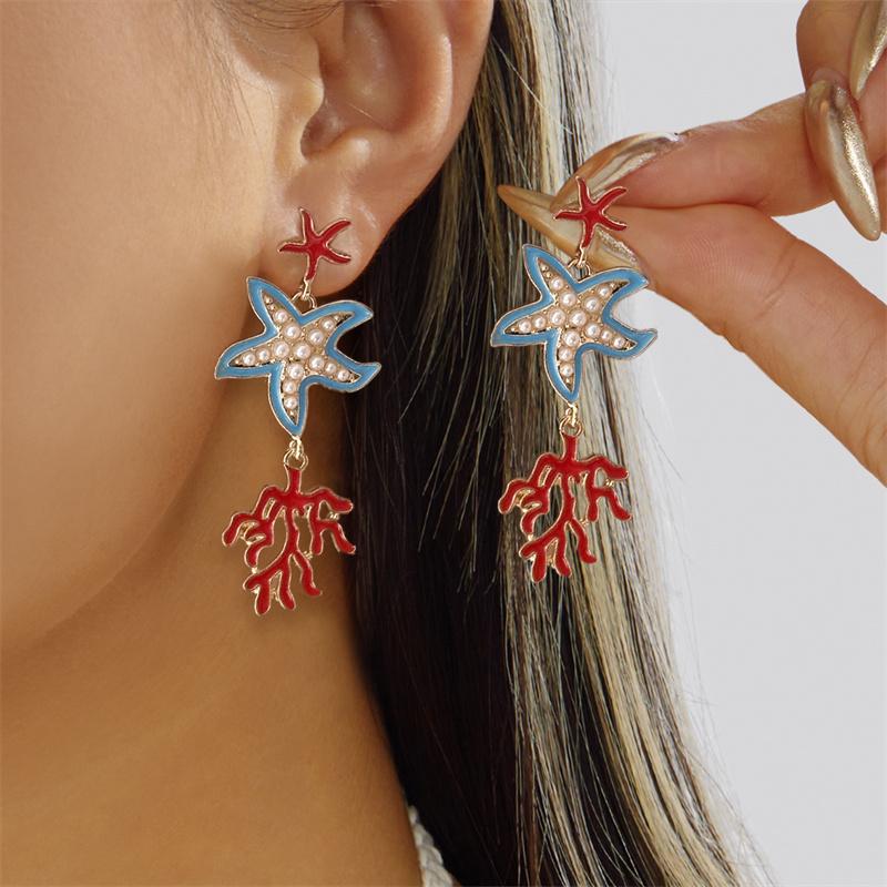 

Fashion Red Coral Earrings for Women Elegant Imitation Pearls Starfish Earrings Bohemia Summer Beach Jewelry Accessory