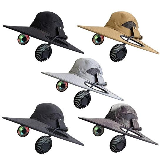 Chapeau Bob Double Ventilateur 2-en-1 Casquette Rafraîchissante avec Ventilateurs Amovibles Rechargeables par USB Pales Phosphorescentes Vitesse Réglable Chapeau de Soleil à Large Bord
