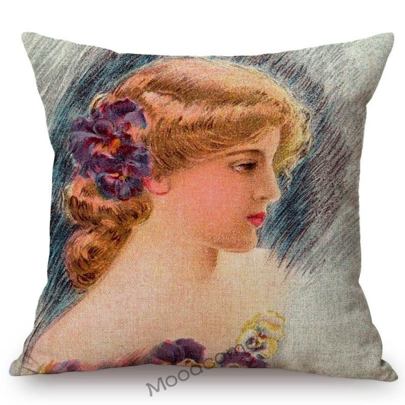 European Royal Court Victorian Era Lady Hat With Flower Elegant Sofa Throw Pillow Cover Classic Vintage Linen Decor Cushion Case