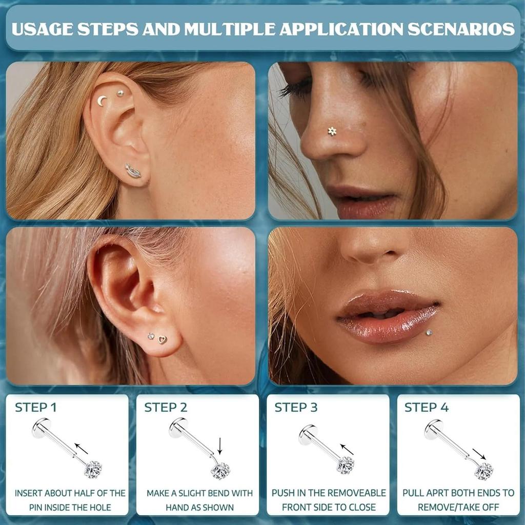18 Paar 20G Chirurgenstahl Flachrücken Ohrringe für Damen Herren Push-in Nasenpiercing Ringe Knorpel Lippenringe Tragus Piercing Schmuck
