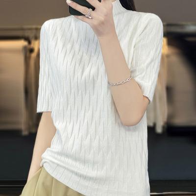 Women Sweaters Pullovers 2025 Summer Short Sleeve Half High Collar Black White Knitted Sweater Women Tops Pullover JJ301