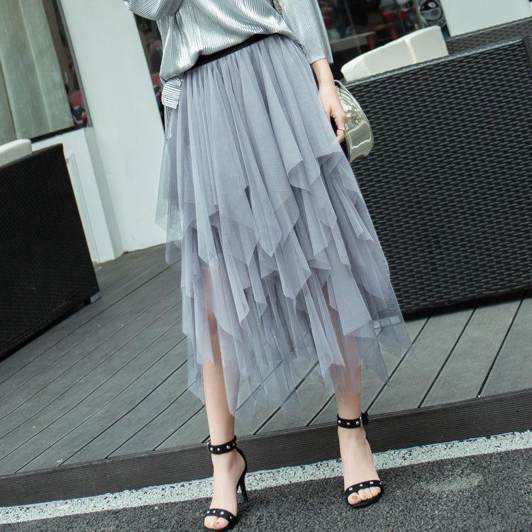 Gonna alla moda sexy da donna in rete a tinta unita, gonna a bolle irregolare in tulle elastico, vita quotidiana e vacanza