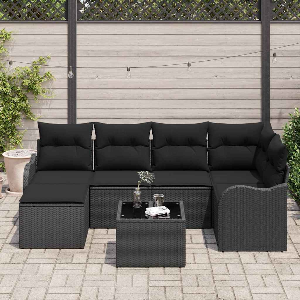 Garden Sofa Set with Cushions 7 pcs Black Poly Rattan