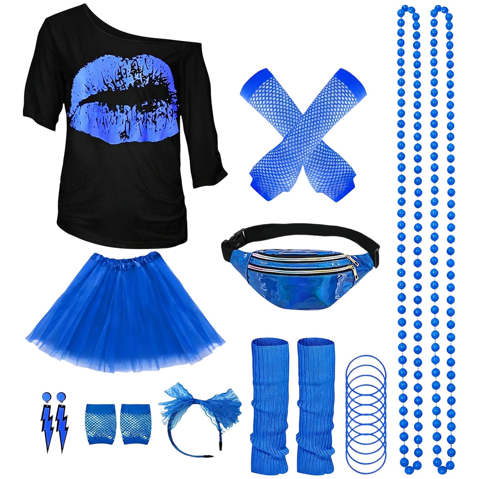 

80s Outfit Women s Set, T-shirt, Belt Bag, Headband, Earring, Necklace, Fishnet Gloves, 80s Clothing Costume Neon Accessories Theme Party Clothes XL