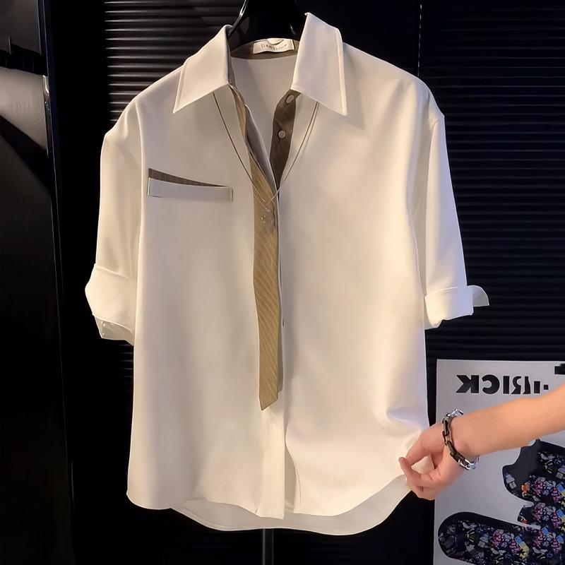 Men s Contrast Trim Fake Tie Pocket Detail Roll Up Sleeve Button Down Shirt Casual Streetwear Top S белый
