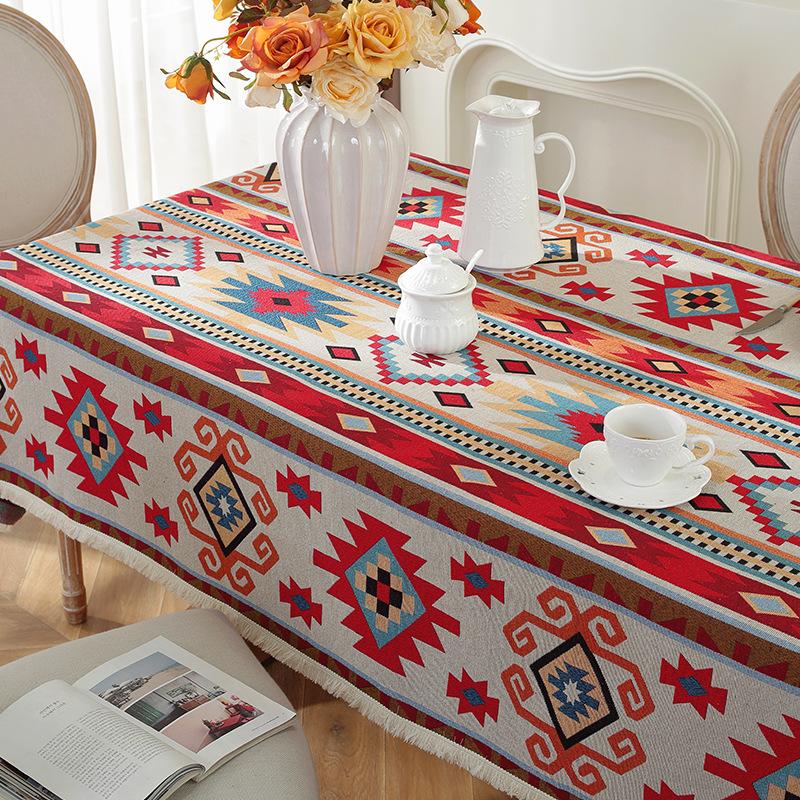 Bohemian Fringed Tablecloth American Retro Jacquard Cotton Linen Heavy Duty Dining Table Cover