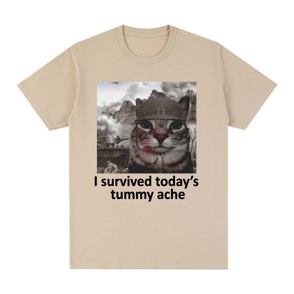 I Survived Today's Tummy Ache T-Shirt Funny Cat Meme Short Sleeve T Shirt Men Women Cotton Casual Oversized T Shirts Streetwear