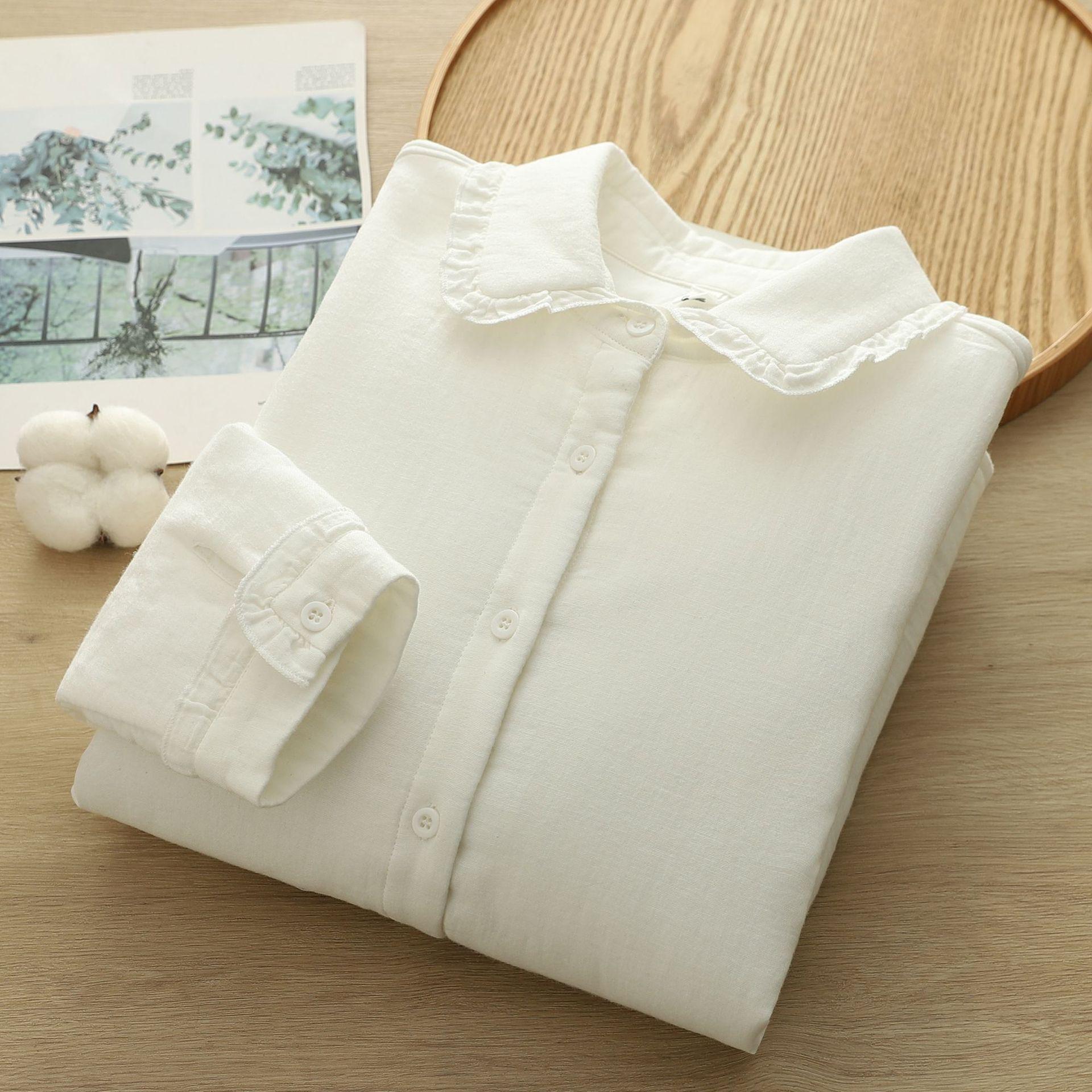 

Autumn/Winter New Arrival: Women s Versatile Quilted Cotton Shirt with Lace Collar M белый