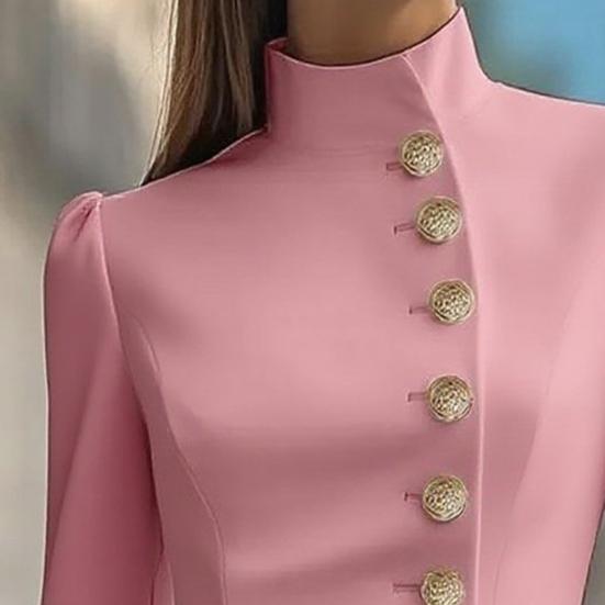 Stand Collar Work Dress for Women Long Sleeve Single-Breasted Suit Dress Formal Church Office Sheath Dress