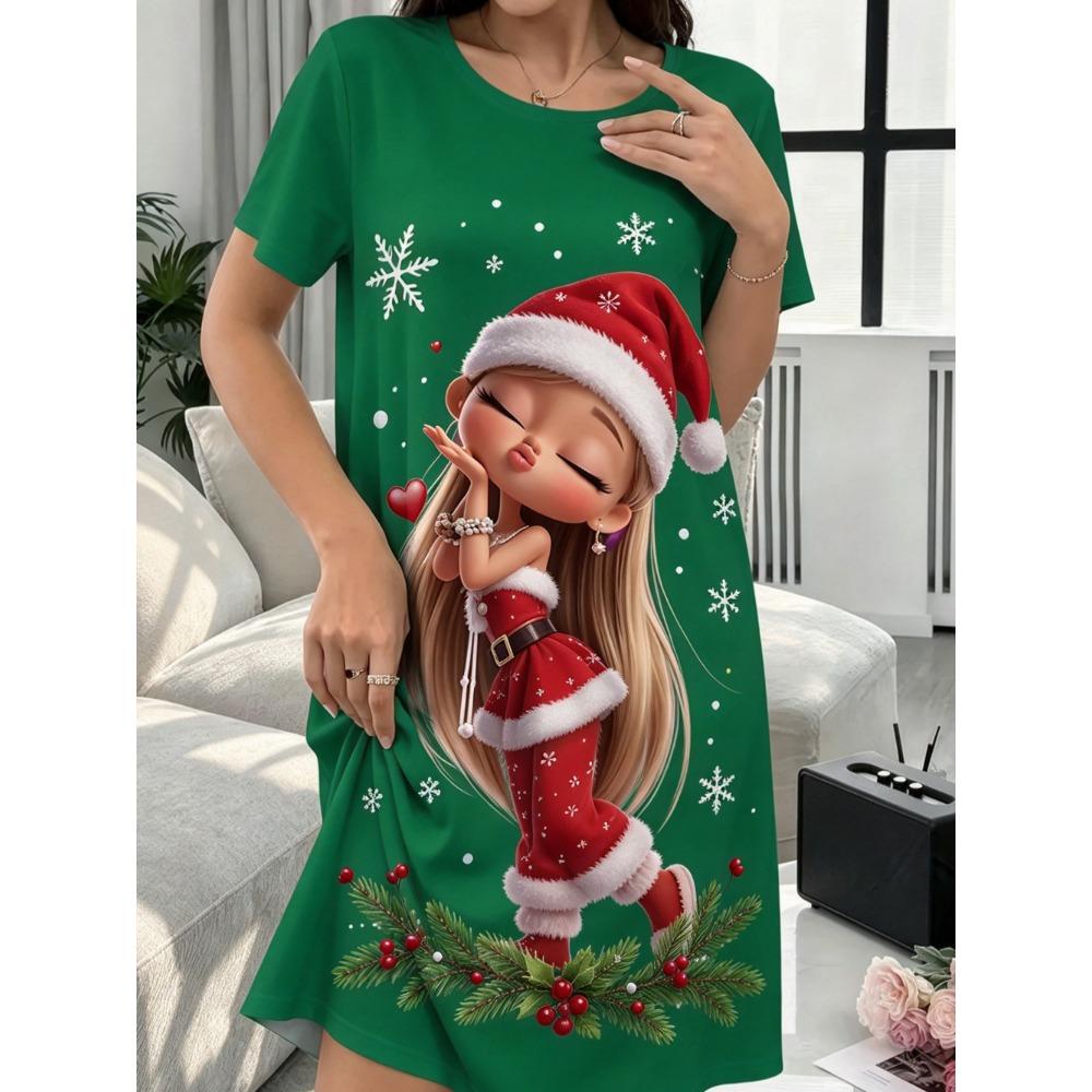 Fashion Comfortable Versatile Breathable Dress Cute Cartoon Printed New Year Dress Women Short Sleeve O-Neck Loose Casual Dress