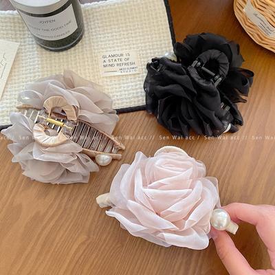Summer Gentle Mesh Flower Pearl Grab Clip Female Shark Clip Back of Head Disc Hair Clip Hair Accessories