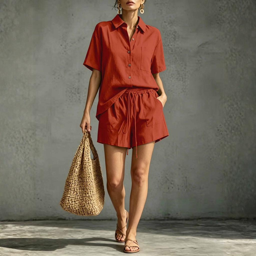 Linen Sets For Women 2 Piece Short Sleeve Button Down Shirt And Shorts Casual Comfy Cotton Outfits