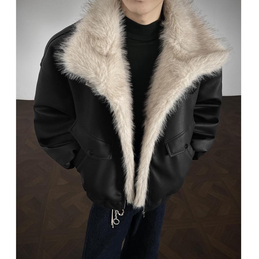 Men's Winter Thickened PU Leather Cotton Jacket with Fur and Stand Collar