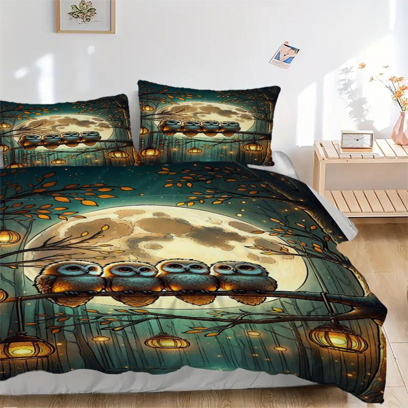 3pcs Owl Night Lanterns Duvet Cover Set -Includes 1 Duvet Cover and 2 Pillowcases, No Quilt Core, All-Season Home Decor  yy251111184 135x200cm