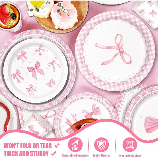 150pcs Pink Bow Party Supplies Bow Birthday Plates Napkins Paper Cup Fork Bow Birthday Decorations for Girl Bachelorette Bridal Engagement Coquette