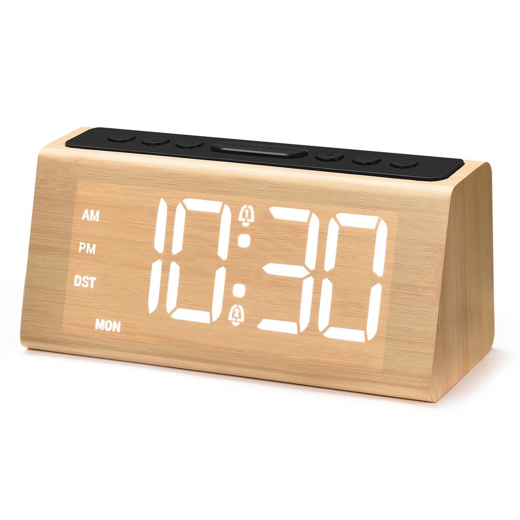 G60 Wood Grain Digital Clock Adjustable Volume & Dimmer Snooze DST Loud Alarm Wood Decor Electric Desk Clock with USB Port