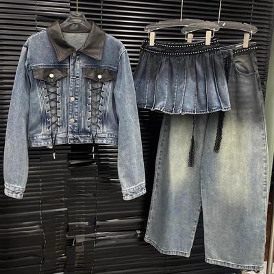 Spring 2026 Niche Denim & PU Leather Patchwork Lace-up Top, Mini Skirt, & Jeans Set