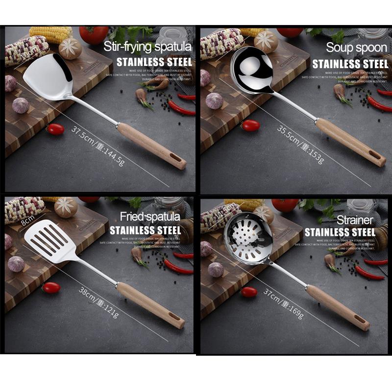 Wooden Handle Stainless Steel Kitchenware Cooking Spoons Spatulas Kitchenware Set Kitchen Cooking Spatula