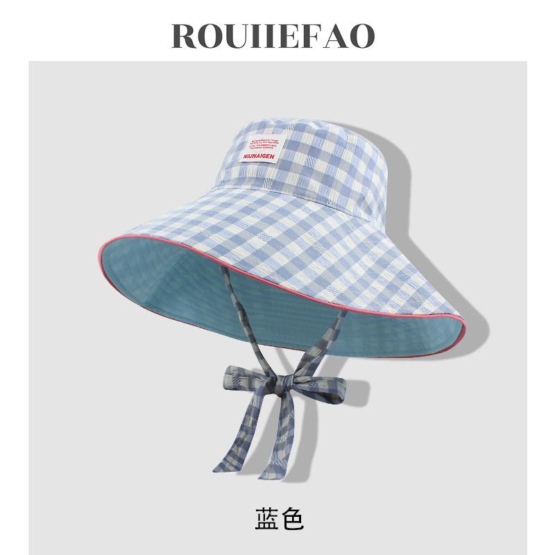 1pc Retro Ins Sweet Plaid Tie Strap Bucket Hat for Women,Summer Big Brim Double Sided Sun Caps Travel Versatile Fisherman Hats