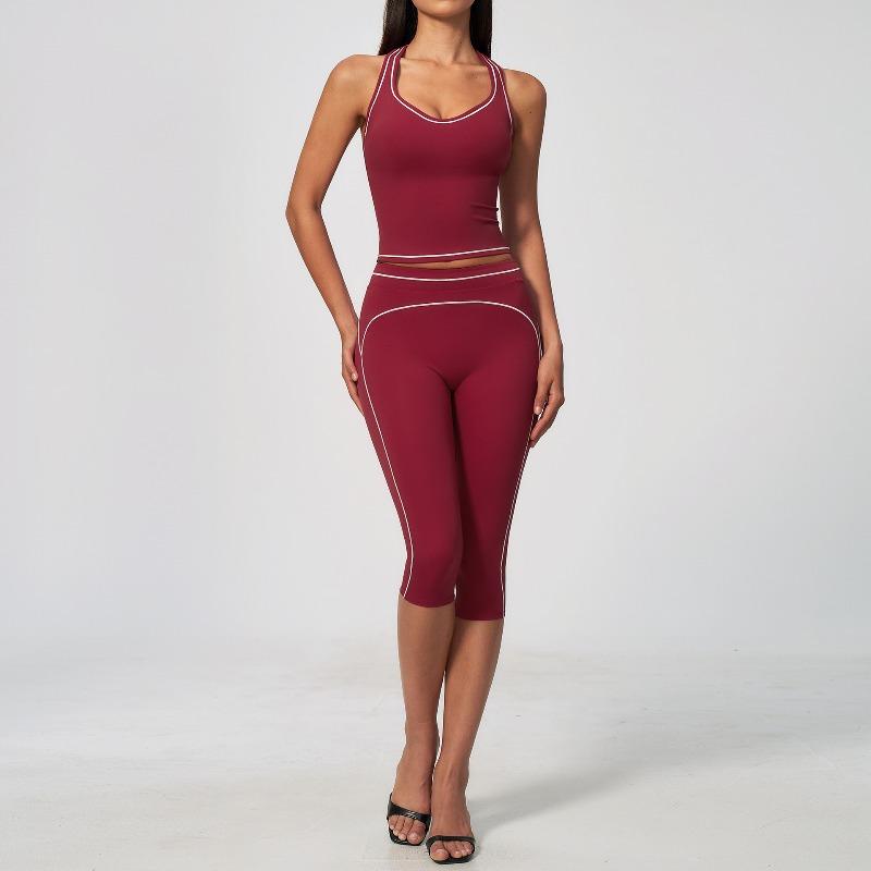 Contrasting color grinding yoga suit for women, neck V-neck, hip lift, abdomen, high waist, cropped pants, sports suit for women