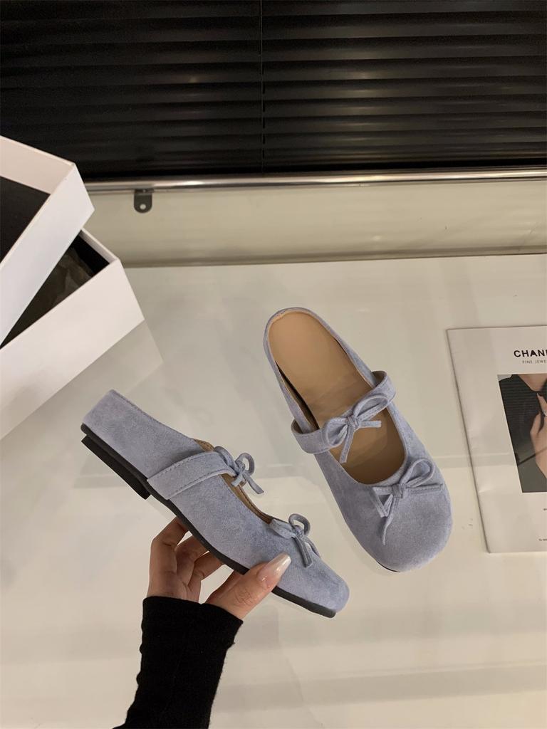 Innenhöhe erhöhen Retro Wildleder Schleife Tasche Kopf halbe Pantoffeln Damenschuhe tragen neue silberne Einzelschuhe