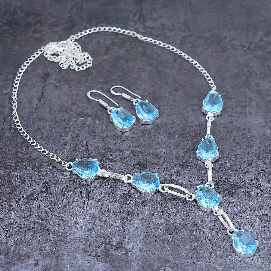 Natural Blue Topaz Gemstone Handmade 925 Sterling Silver Jewelry Set L6j18