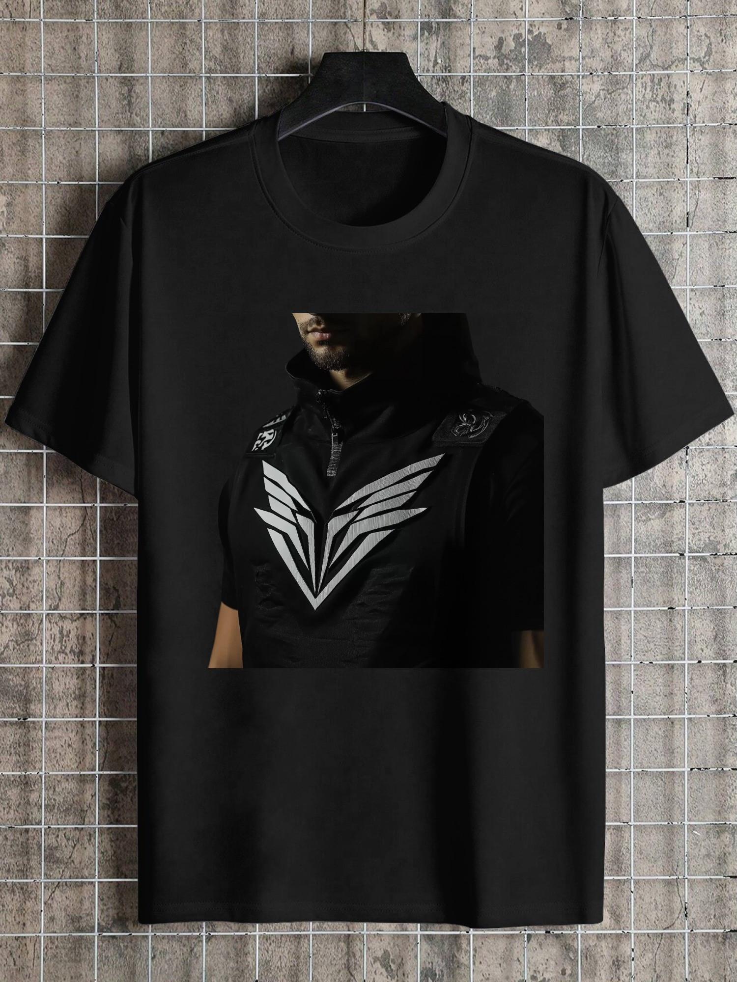 Geometric Wing Print Black T-shirt - 180g Cotton Crew Neck Short Sleeve M