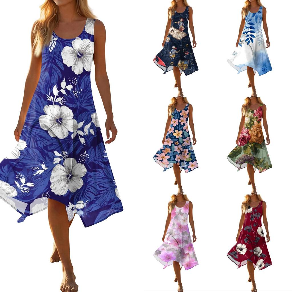 Ärmelloses Midi-Kleid mit Blumenprint für Damen, lässig, Rundhalsausschnitt, unregelmäßiger Saum, Sommer-Strandkleid, leicht, lockere Passform