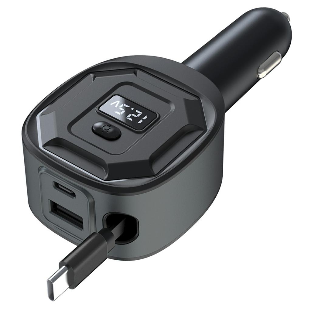GE10 Voltage Display Car Charger with Retractable Cable PD 65W Fast Charging Adapter Temperature Control Protection