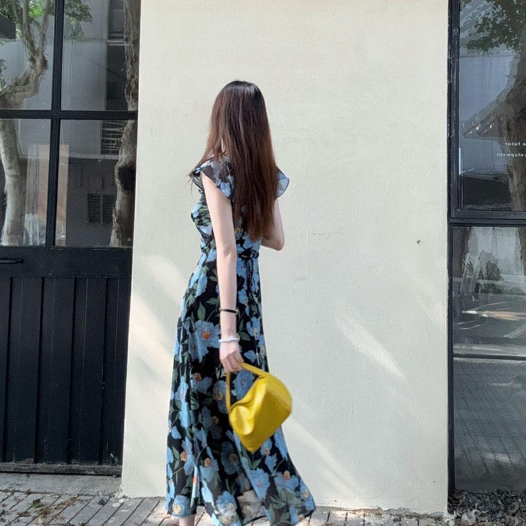 2026 Summer French Resort Style Long Floral Dress with Ruffled Sleeves and High Waist