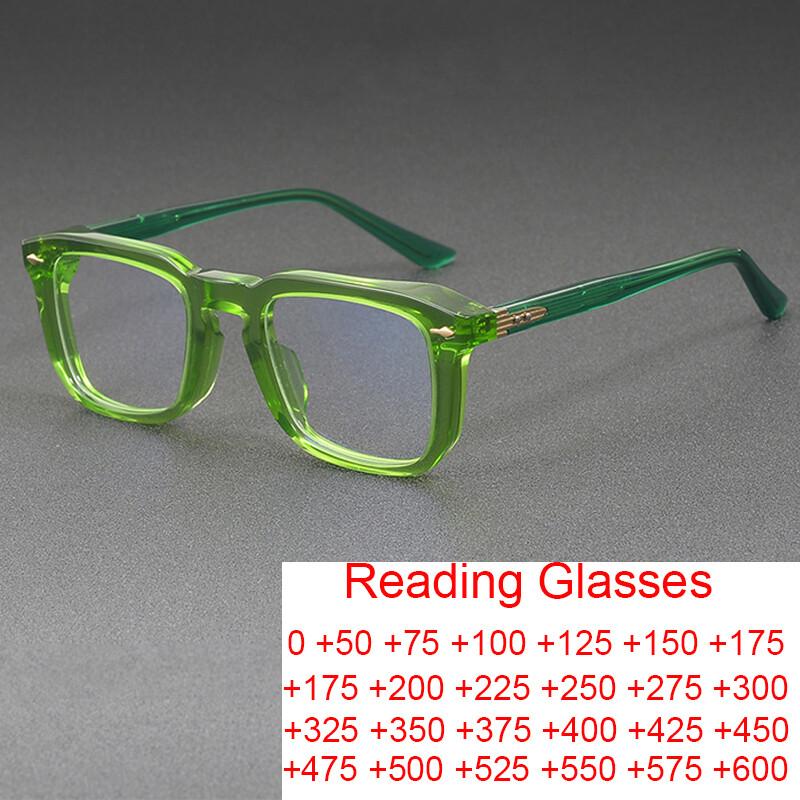 Brand Green Square Men's Reading Glasses High-End Acetate Thick Frame Eyeglasses Anti Blue Light Prescription Glasses For Women