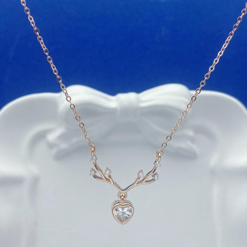 S925 Sterling Silver Deer Antler Heart Pendant Necklace - Girly Ins Style Jewelry 925 Silver