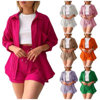 Femei 2 piese guler cu mâneci lungi cămașă ținute bluză cu nasturi și pantaloni scurți cu șnur cu talie înaltă Set de trening