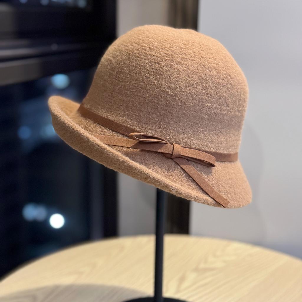 Bow Basin Hat Woolen Hat Autumn and Winter Fashion Versatile Fisherman Hat Retro Top Hat Round Face showing Small Hat Trendy for Women