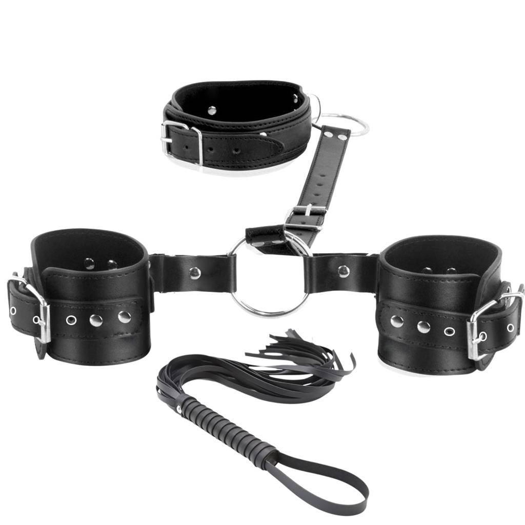 Bondage Sex Restraints Kit Neck To Wrist Restraints Leather Straps Whip SM Bondage Harness Sex Games Adult Sex Toys