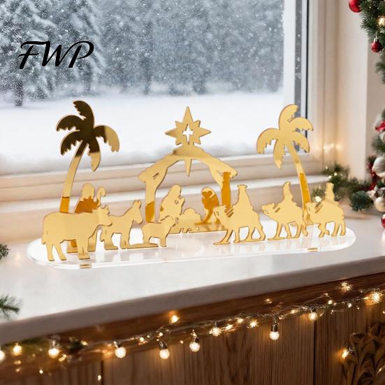 Christmas Tabletop Decorations Acrylic Ornament, Mirrored Golden Silhouette Scene, Decorative Living Room Table Decor Desktop Display for Holiday
