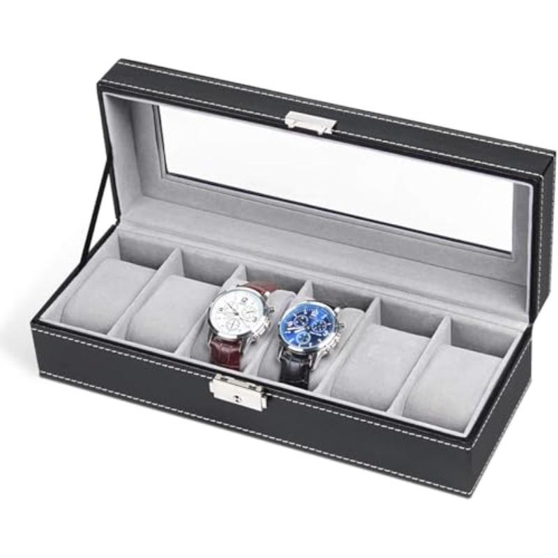 6-Slot Watch Box Organizer with Display,Lockable Lid,Heavy-Duty,Portable Watch Holder Stand Storage Case with Removable Dividers