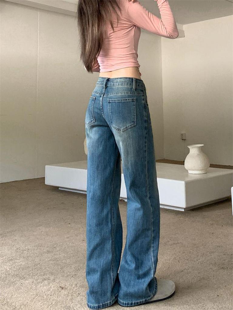 Pantalon en Denim Bleu Rétro Jambe Droite pour Femme - Amincissant Long jusqu'au Sol, Micro-Élastique, Automne/Hiver 2025