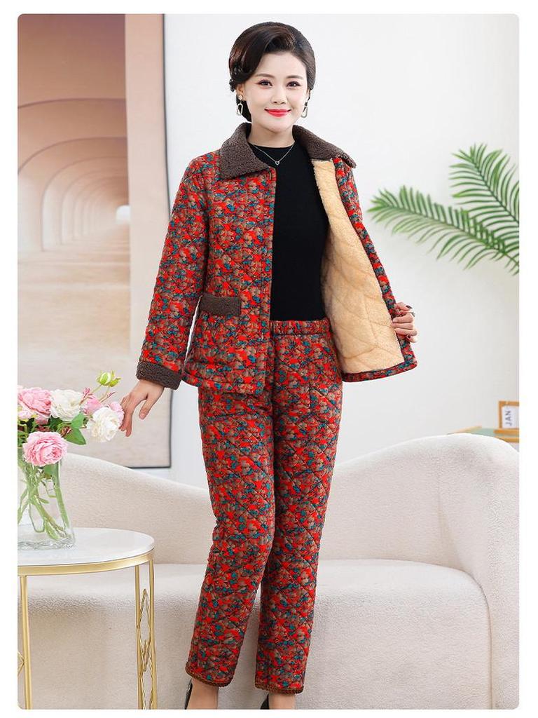 Hengyuanxiang Women's Winter Pajama Set: Cotton Padded Jacket & Pants with Velvet Lining for Middle-Aged and Elderly
