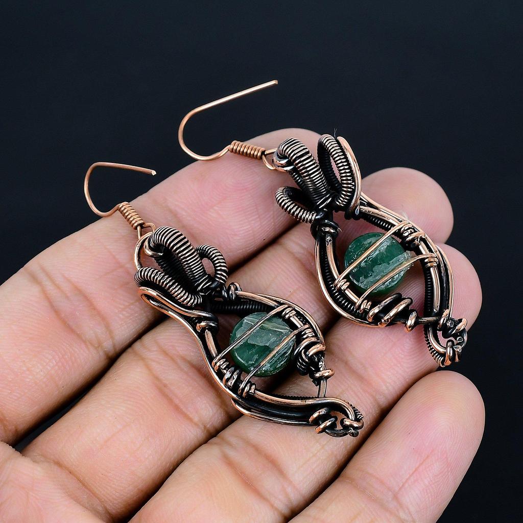 Aventhurian 999 Copper Wire Wrap Jewelry Earrings, Handmade Gemstone Earrings Jewelry, Gifts For Wife Brand New Earrings