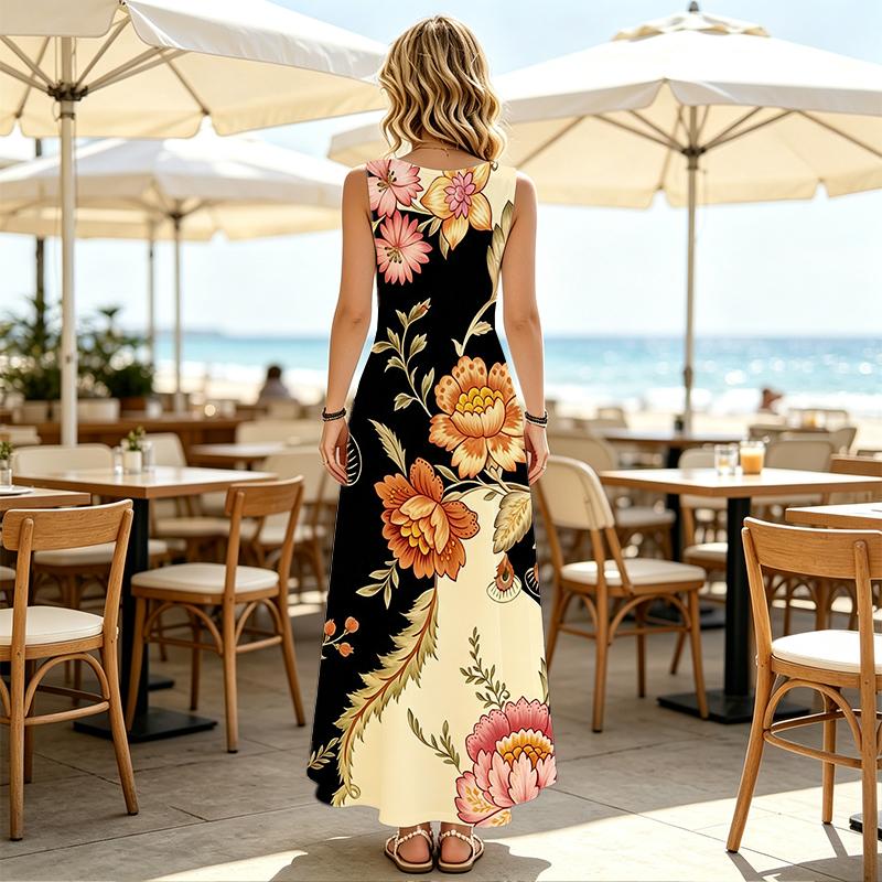 Women's Sleeveless Floor Length Maxi Dress,Comfortable Floral Print Full Skirt,Spring Autumn Layering for Daily Casual Outdoor,Elegant Style