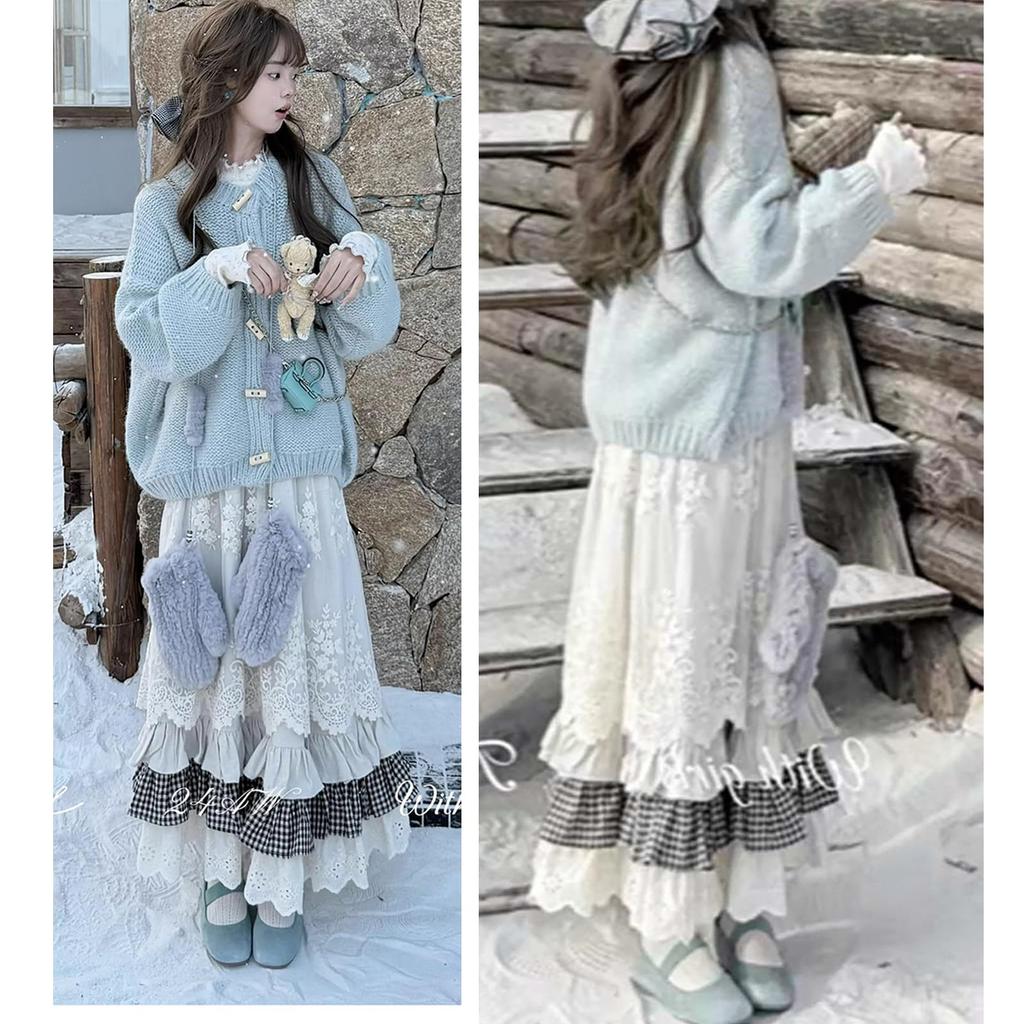 LAVASEON Cute Long Skirt with Lace and Floral and Embroidered Tiered Check Mori Girl High Winter Ruffles, Women's Mass-Produced School-Style Skirt,