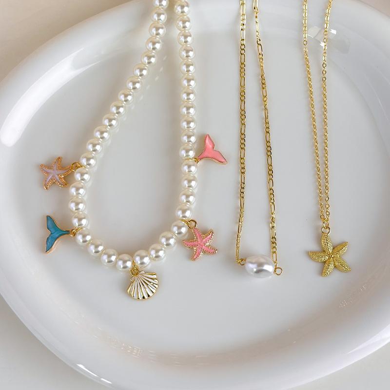 3Pcs/Set Summer Colorful Starfish Pendant Pearl Multi Layer Chain Choker Necklace For Women Seaside Beach Vacation Accessories