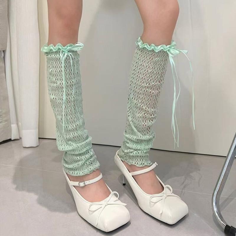 Hollowout Fishnet Lace Leg Warmers Arm Sleeves for Women Aesthetic Sheer Mesh Leg Covers with Ruffle Trim and Bowknot