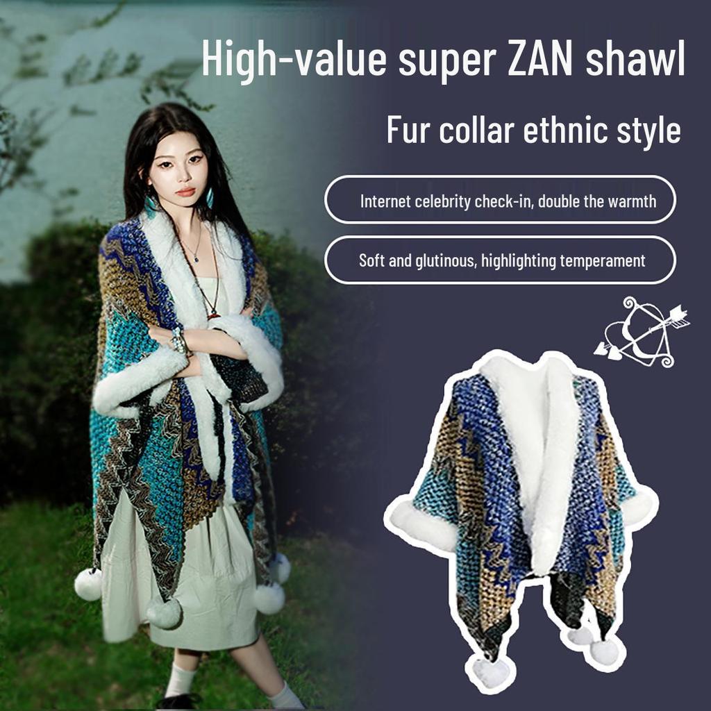 Ethnic Style Faux Fur Shawl Poncho with Sleeves - Women's Thickened Yunnan Travel Scarf